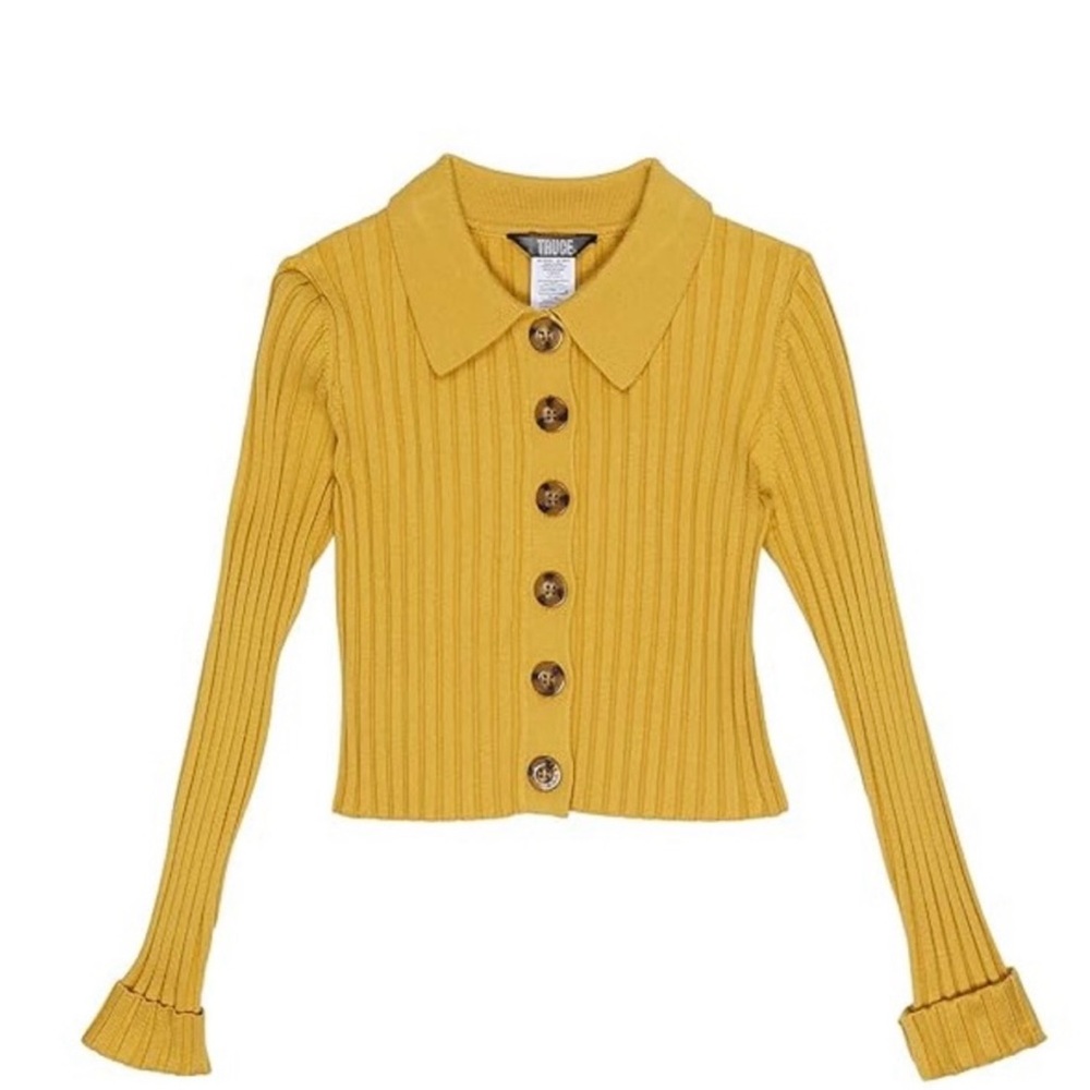 EUC Truce Girls Size Large Dark Yellow Ribbed Button-Up Cardigan